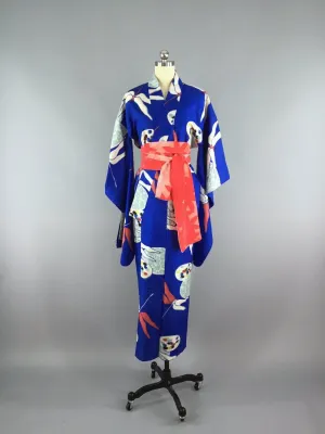 1930s Vintage Silk Kimono Robe / Blue Ikat Dragonfly