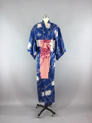 1930s Vintage Silk Kimono Robe / Blue Ikat Floral