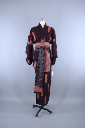 1930s Vintage Silk Kimono Robe / Dark Purple & Pink IKAT Meisen