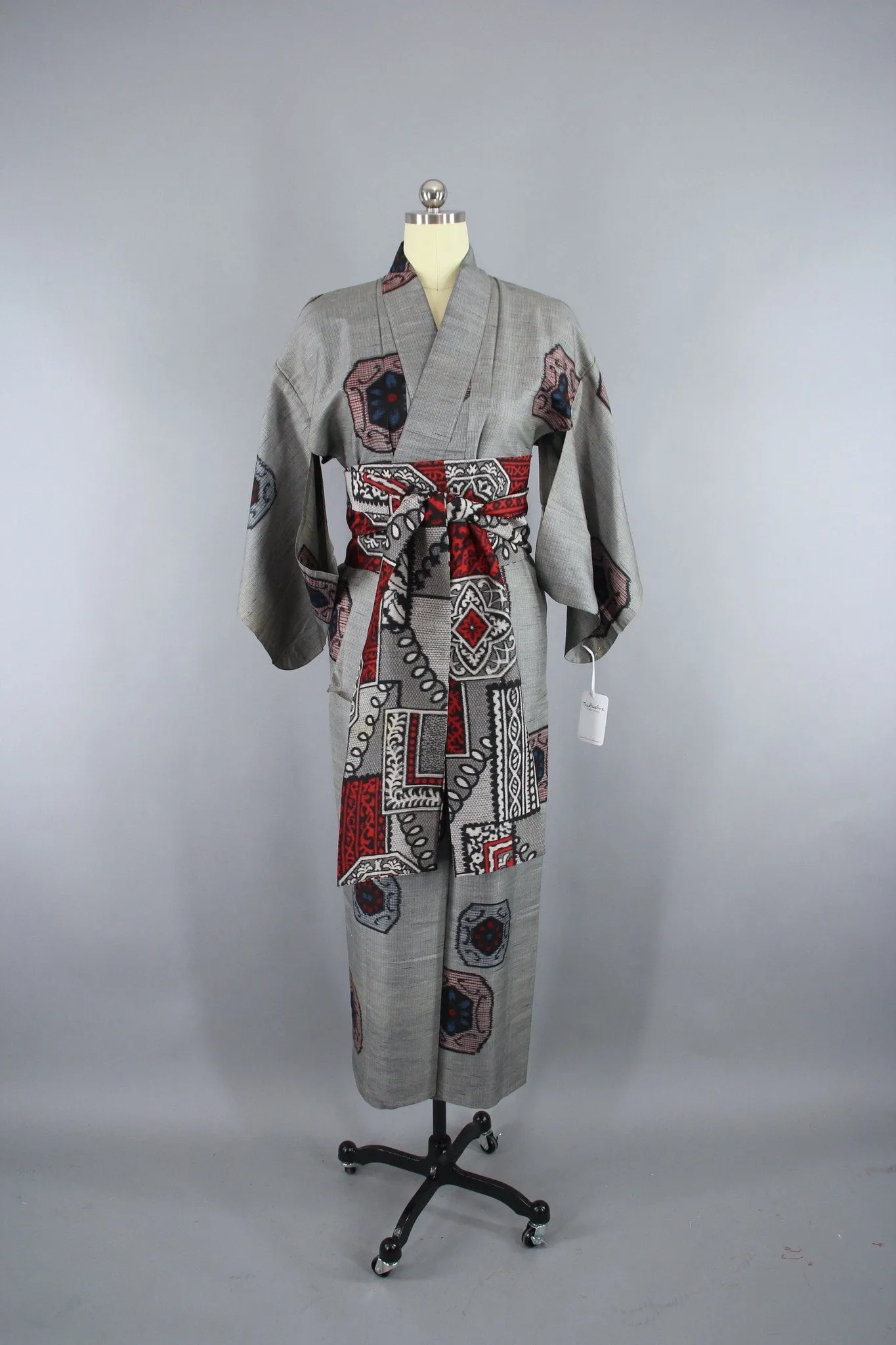 1930s Vintage Silk Kimono Robe / Grey Blue Black IKAT