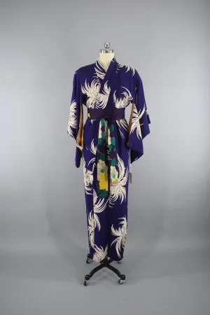 1930s Vintage Silk Kimono Robe in Dark Purple Chrysanthemum Floral Print