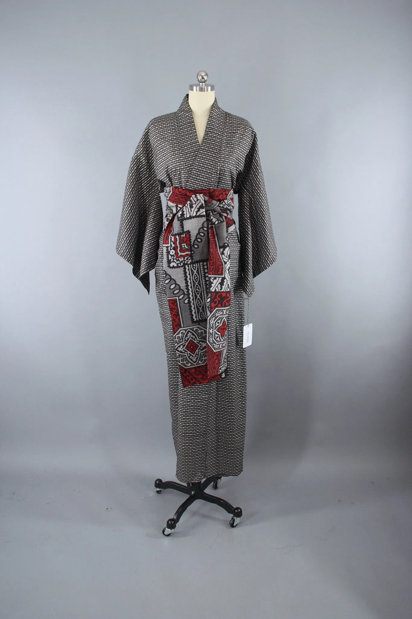 1930s Vintage Silk Kimono Robe / Meisen Ikat Black & White Checkerboard