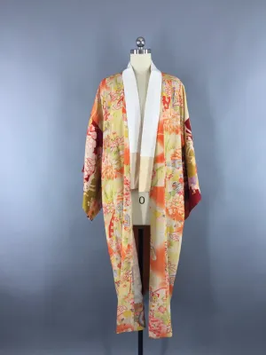 1930s Vintage Silk Kimono Robe / Orange Floral Print