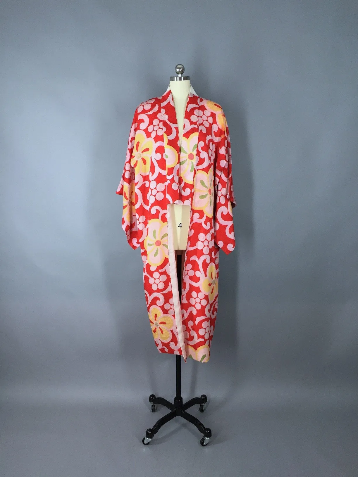 1930s Vintage Silk Kimono Robe / Red Floral Print