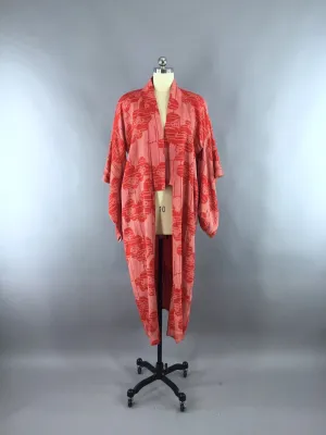 1930s Vintage Silk Kimono Robe / Red Shibori Floral Print