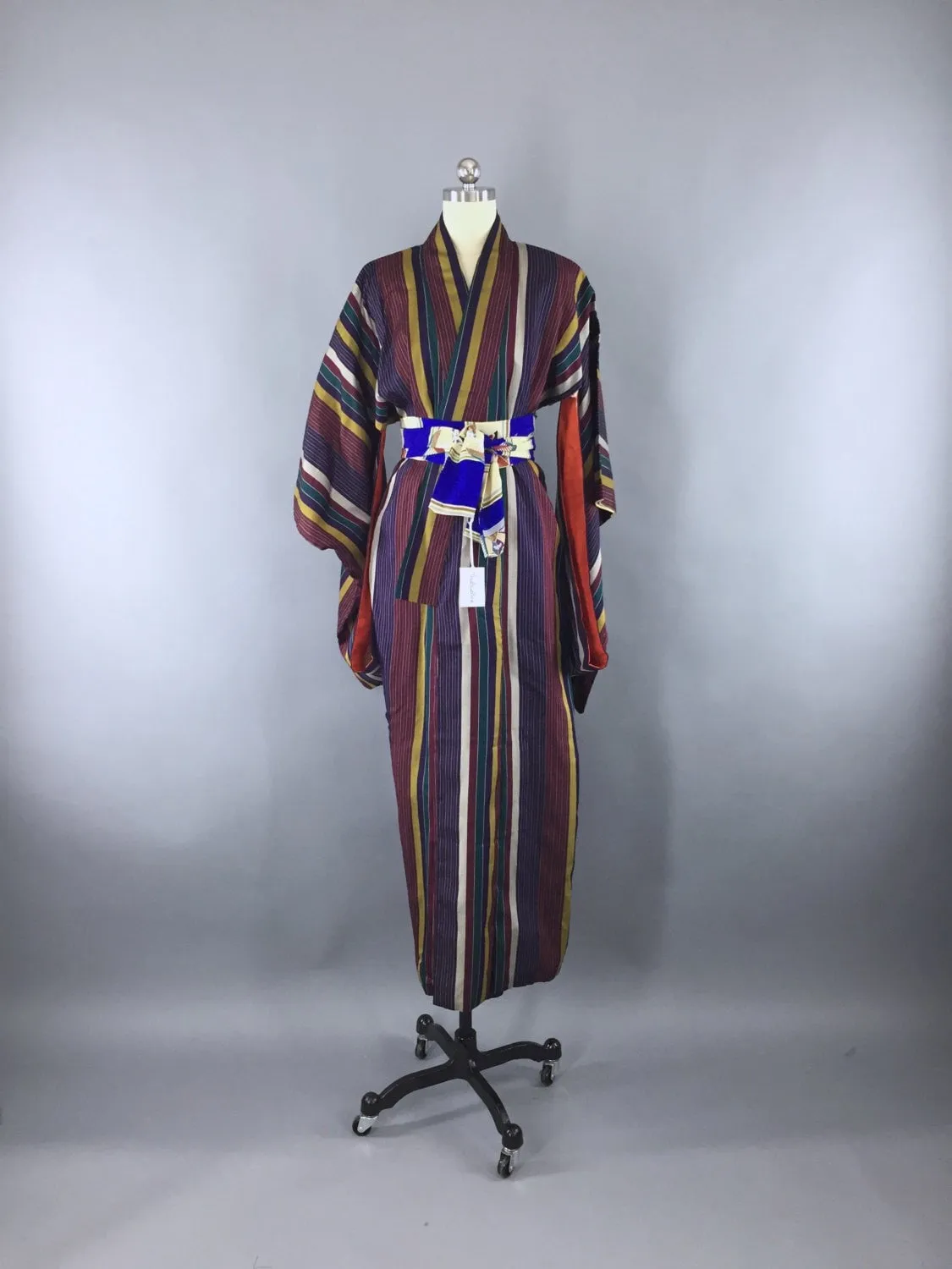 1930s Vintage Silk Kimono Robe with Ikat Stripes