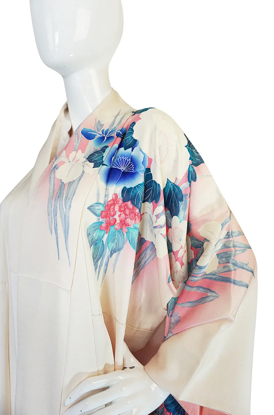 1940s Floral Pastel Hand Painted Pink & Blue Silk Kimono