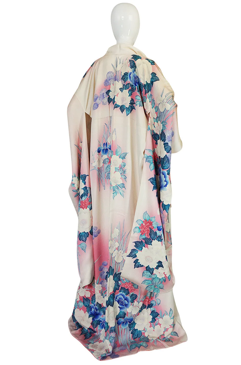 1940s Floral Pastel Hand Painted Pink & Blue Silk Kimono