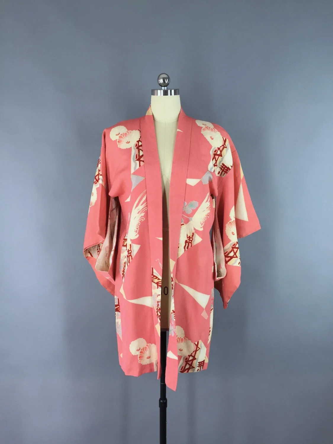 1940s Silk Haori Kimono Cardigan Jacket / Coral Pink Floral