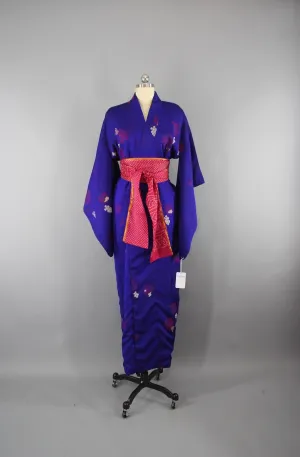 1940s Vintage Silk Kimono Robe / Blue & Pink Omeshi Embroidered Floral Pattern