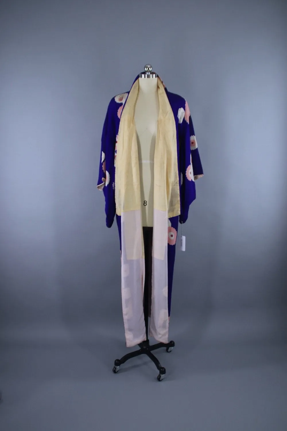 1940s Vintage Silk Kimono Robe / Blue Purple Daisy Print