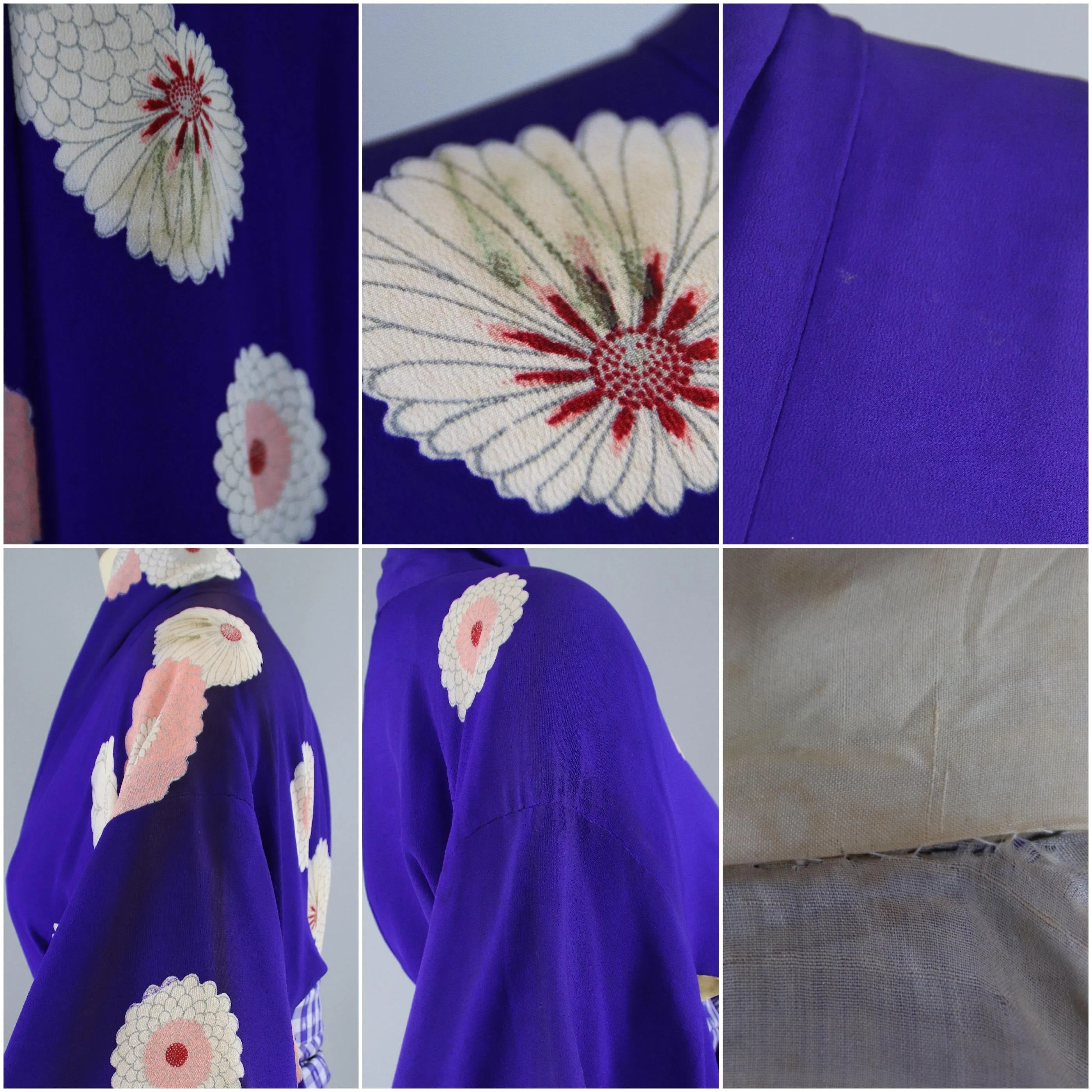 1940s Vintage Silk Kimono Robe / Blue Purple Daisy Print