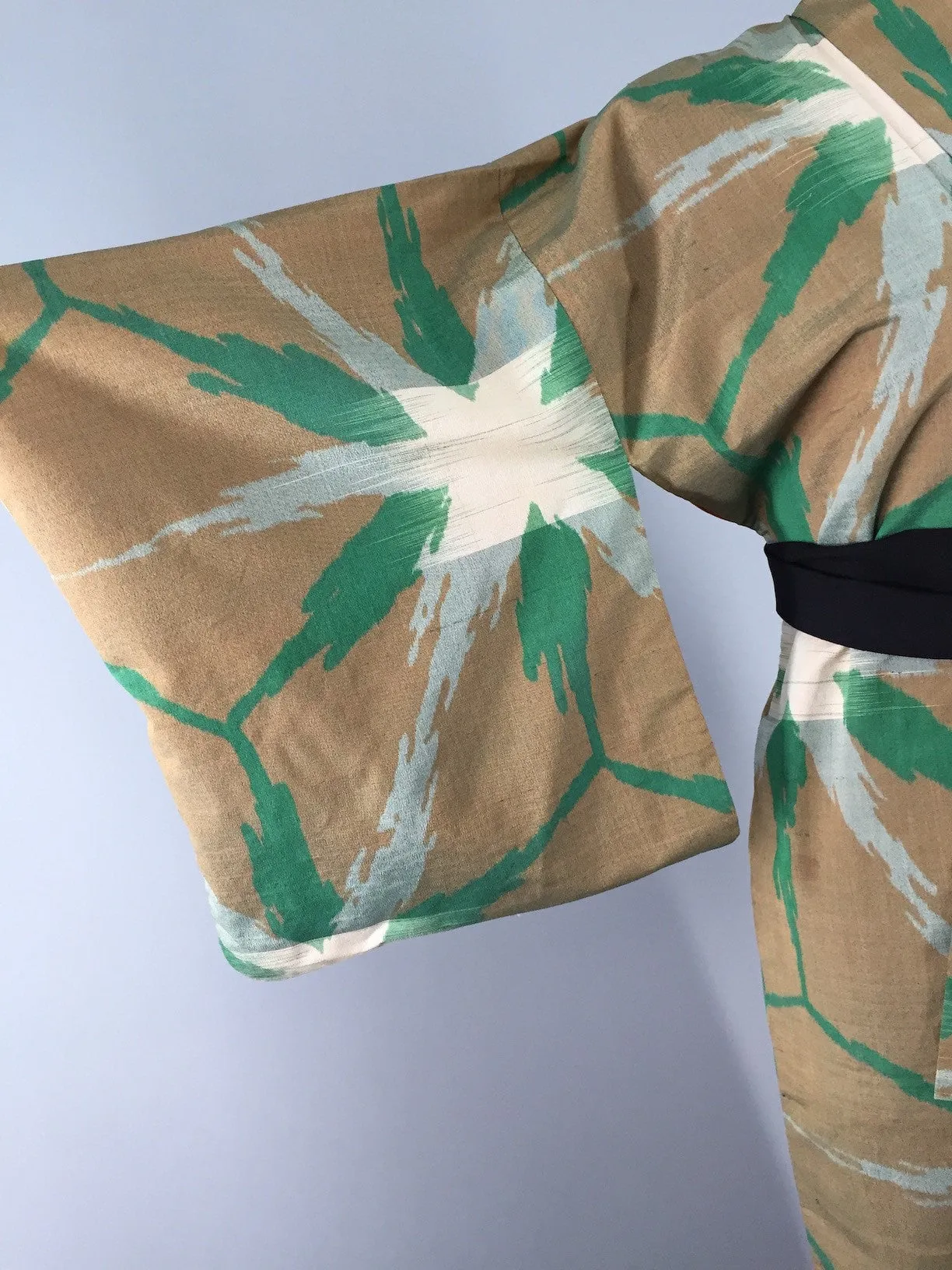 1940s Vintage Silk Kimono Robe, Brown & Green Ikat Stars