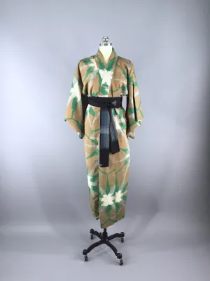 1940s Vintage Silk Kimono Robe, Brown & Green Ikat Stars