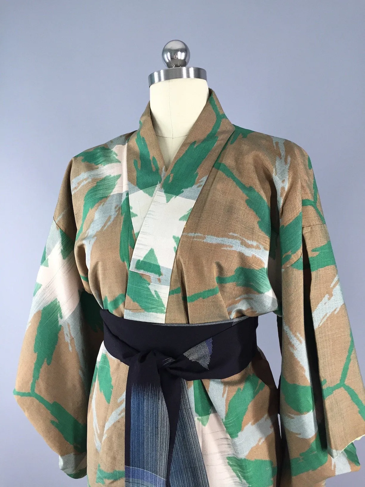 1940s Vintage Silk Kimono Robe, Brown & Green Ikat Stars