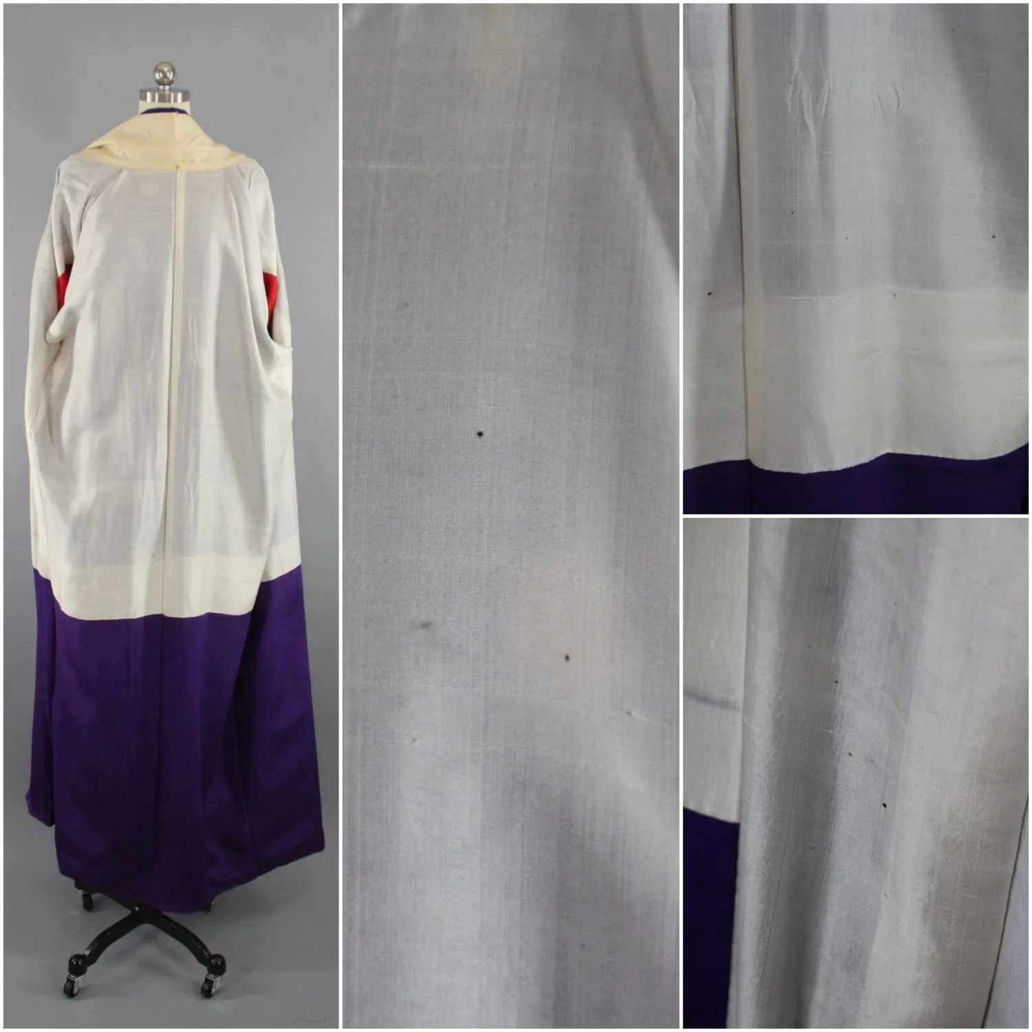 1940s Vintage Silk Kimono Robe in Purple Polka Dots Ikat