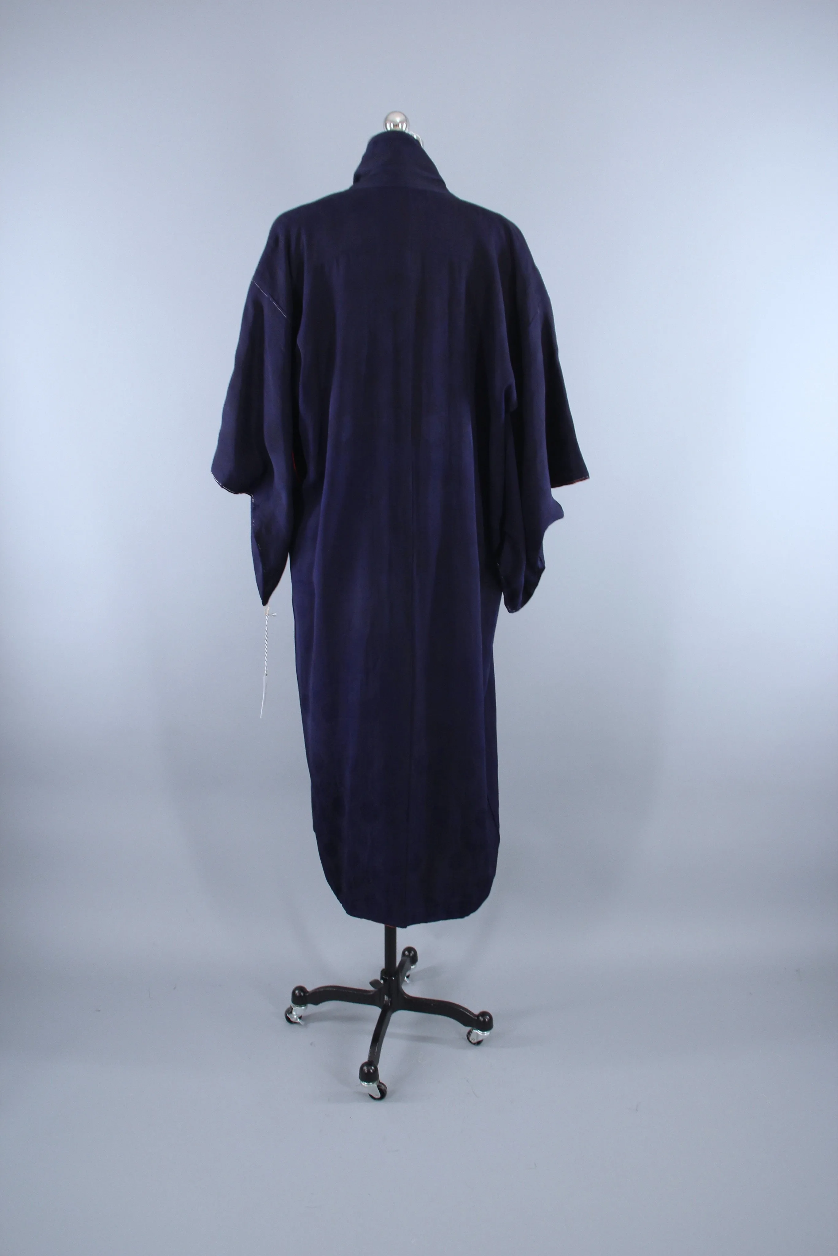 1940s Vintage Silk Kimono Robe / Navy Blue