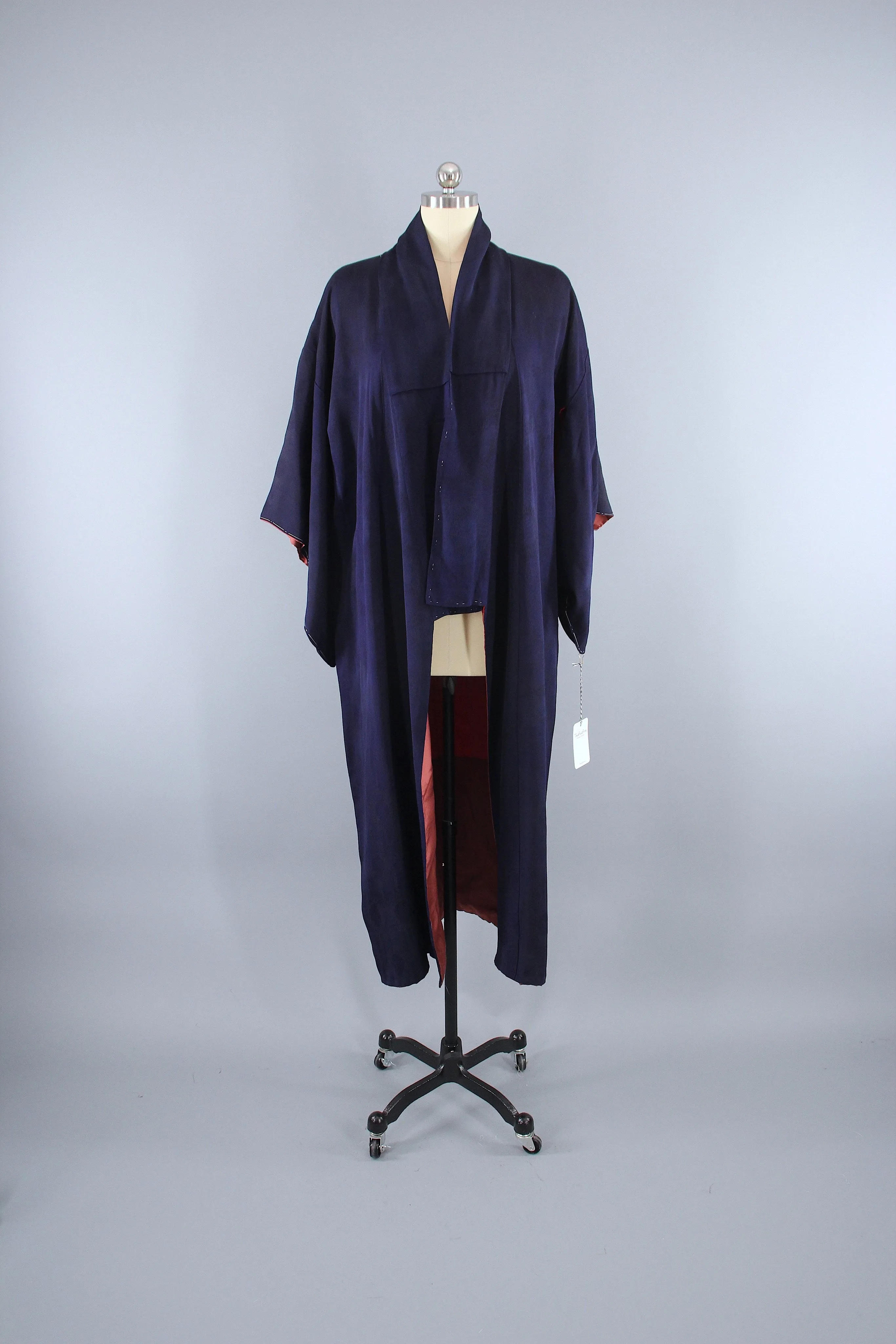 1940s Vintage Silk Kimono Robe / Navy Blue