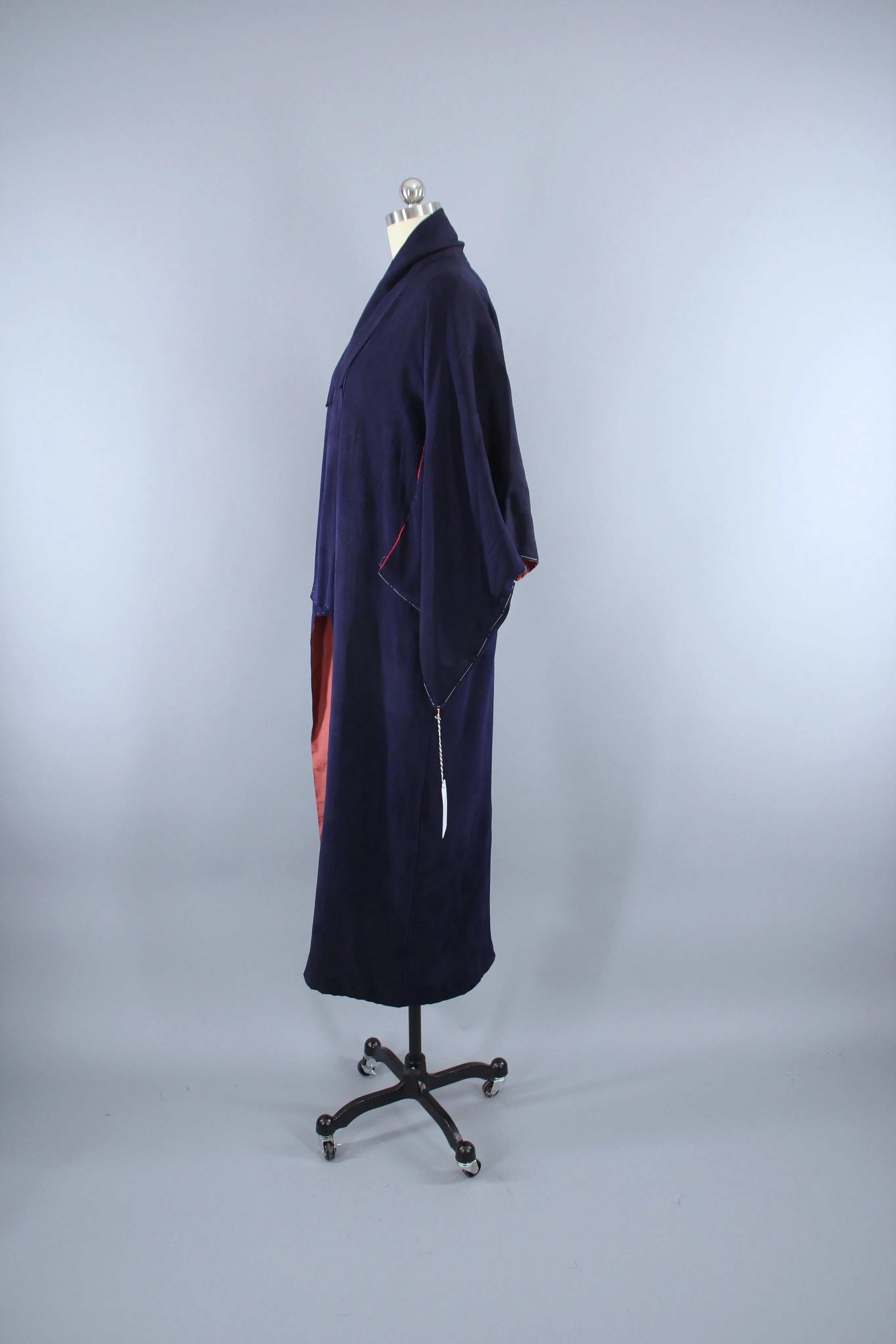 1940s Vintage Silk Kimono Robe / Navy Blue