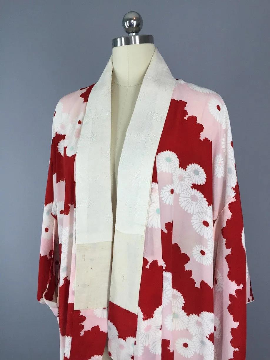 1940s Vintage Silk Kimono Robe / Pink Daisy Floral Print