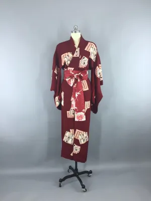 1940s Vintage Silk Kimono Robe with Maroon Red Abstract Print