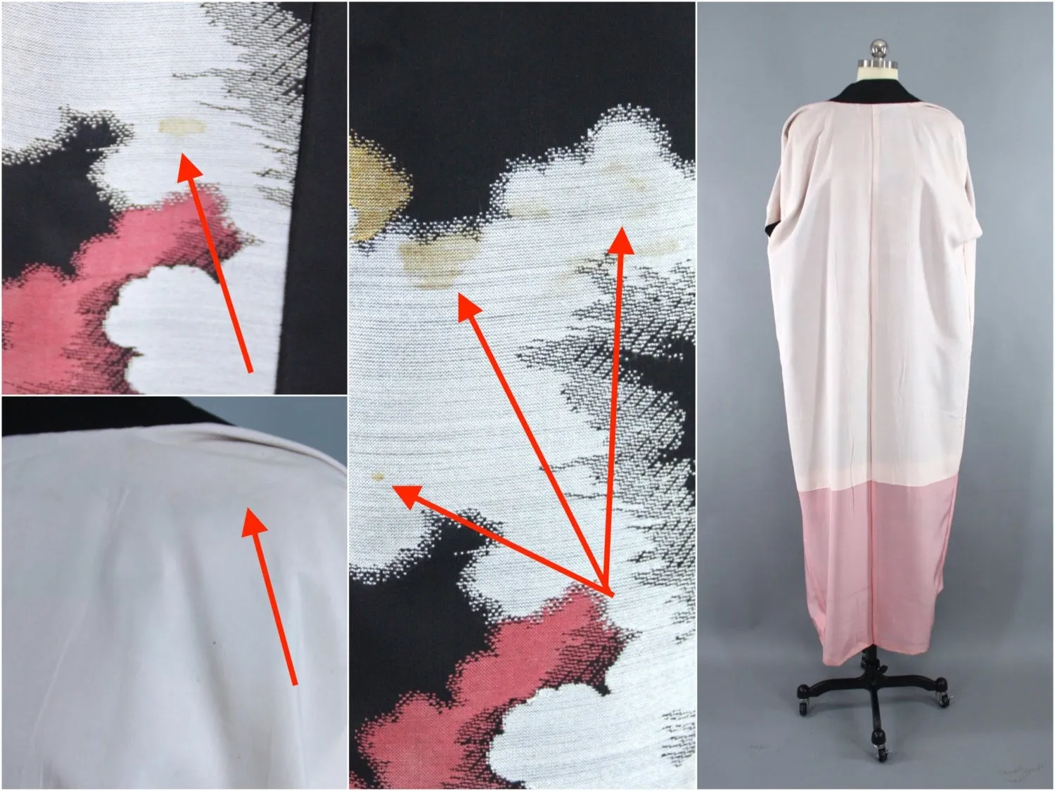 1950s Vintage Kimono Robe with Black and Pink Clouds