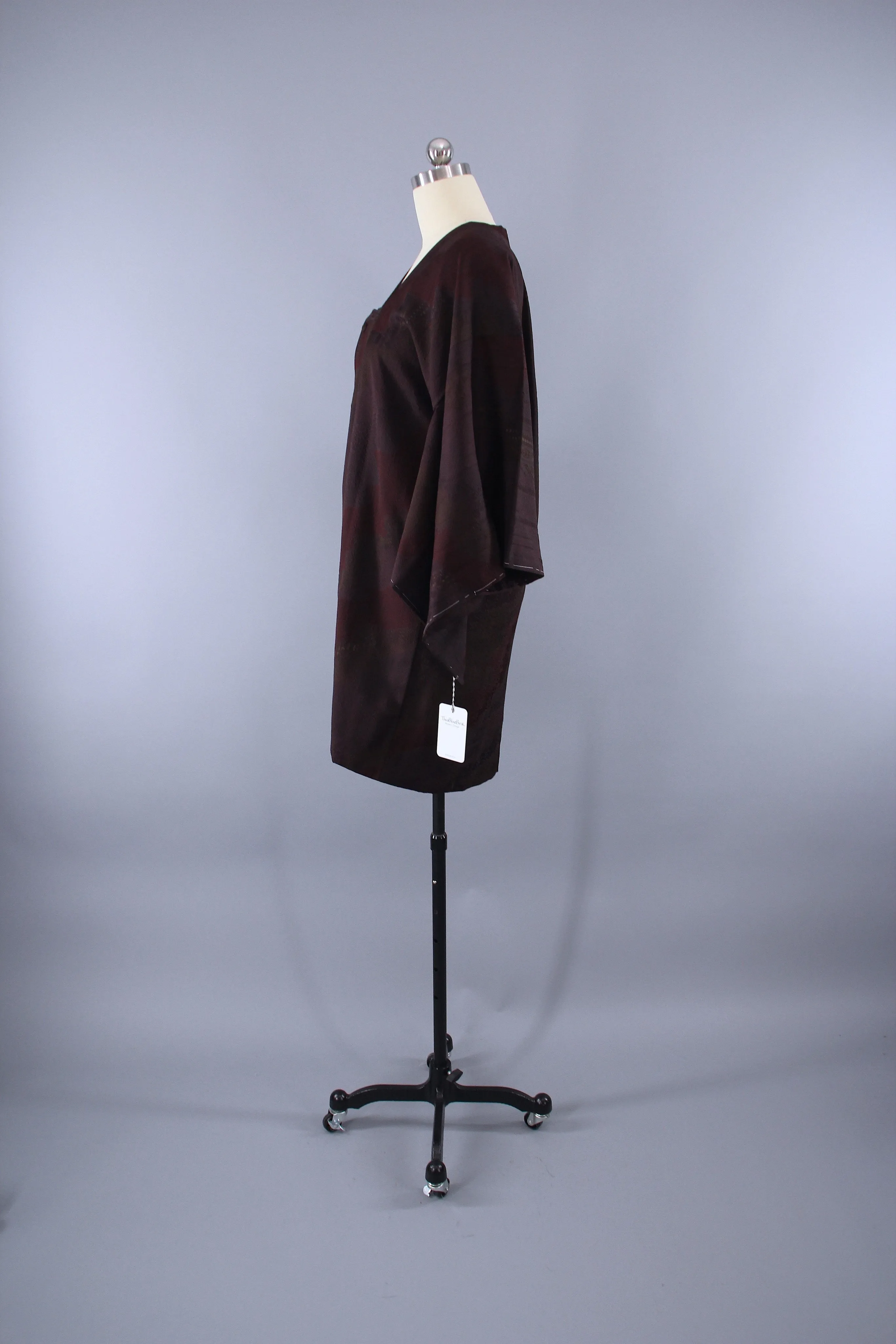 1950s Vintage Silk Kimono Jacket Coat / Brown Textured Silk Crepe