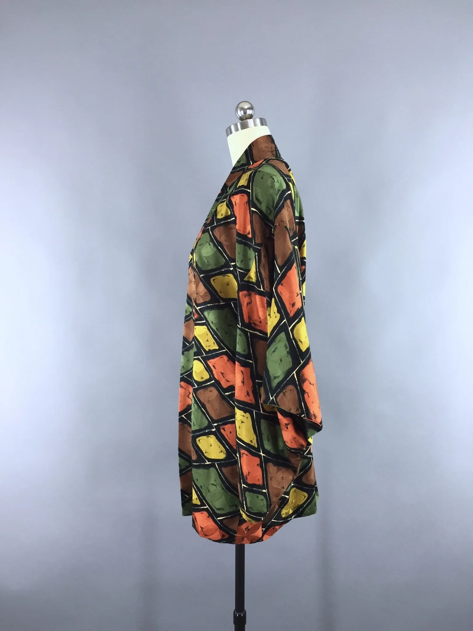 1950s Vintage Silk Kimono Jacket / Silk Haori Kimono Cardigan / Brown & Green Diamonds