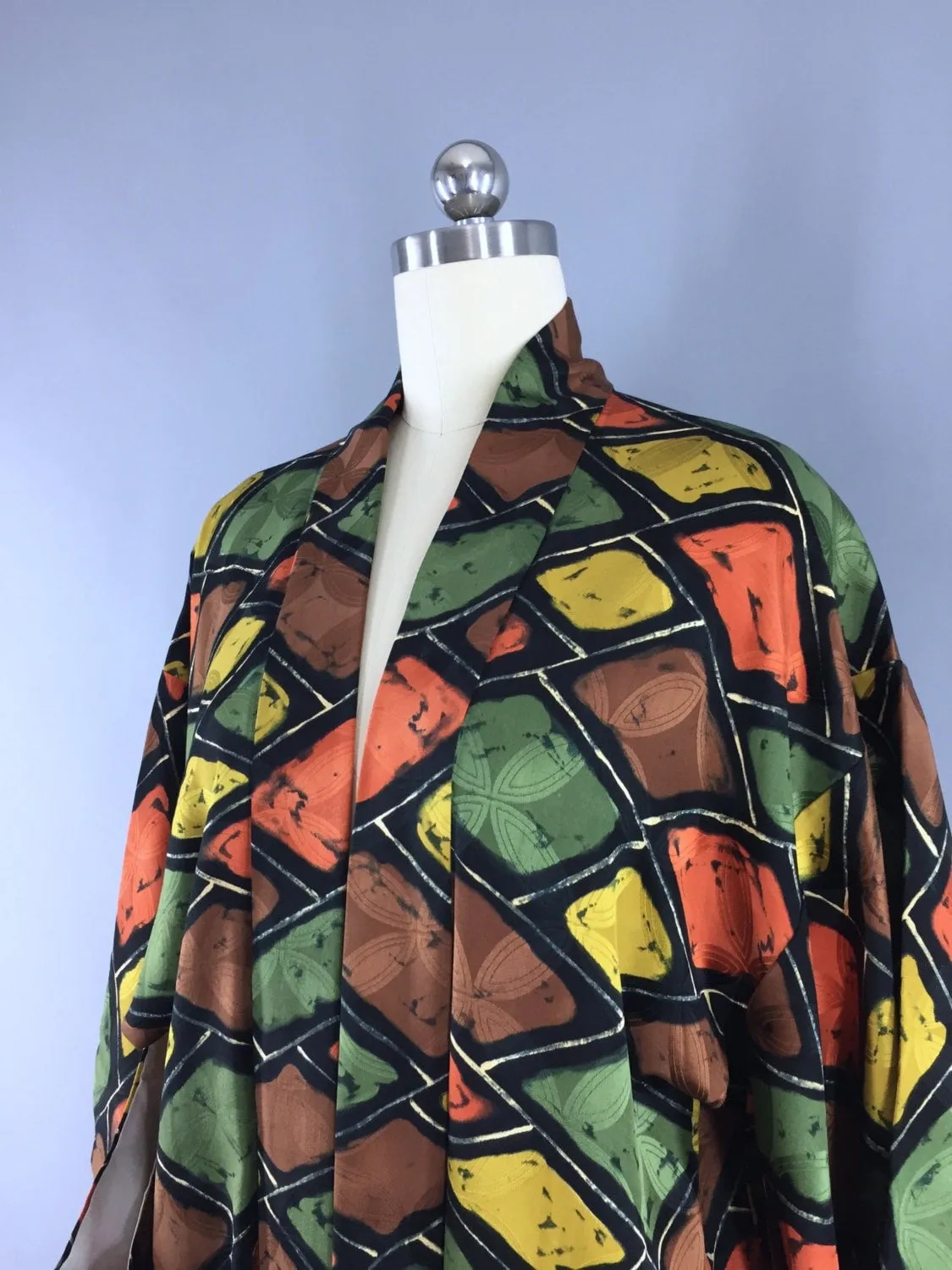 1950s Vintage Silk Kimono Jacket / Silk Haori Kimono Cardigan / Brown & Green Diamonds