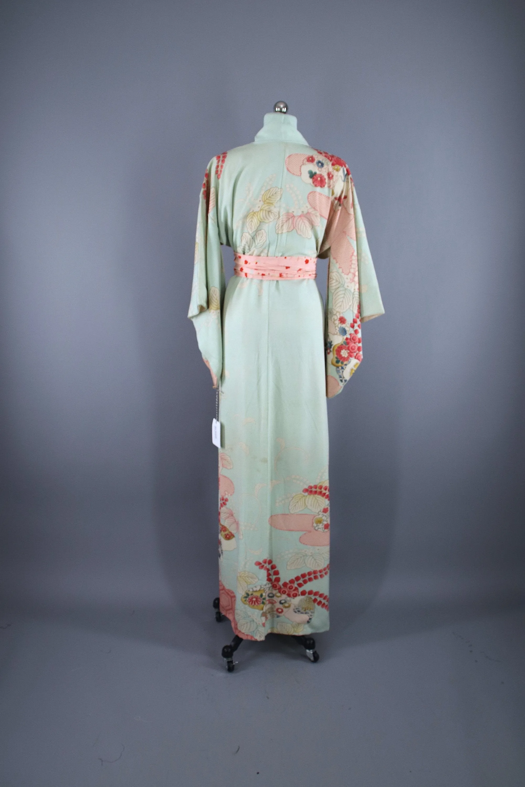 1950s Vintage Silk Kimono Robe / Aqua Blue Pink Floral