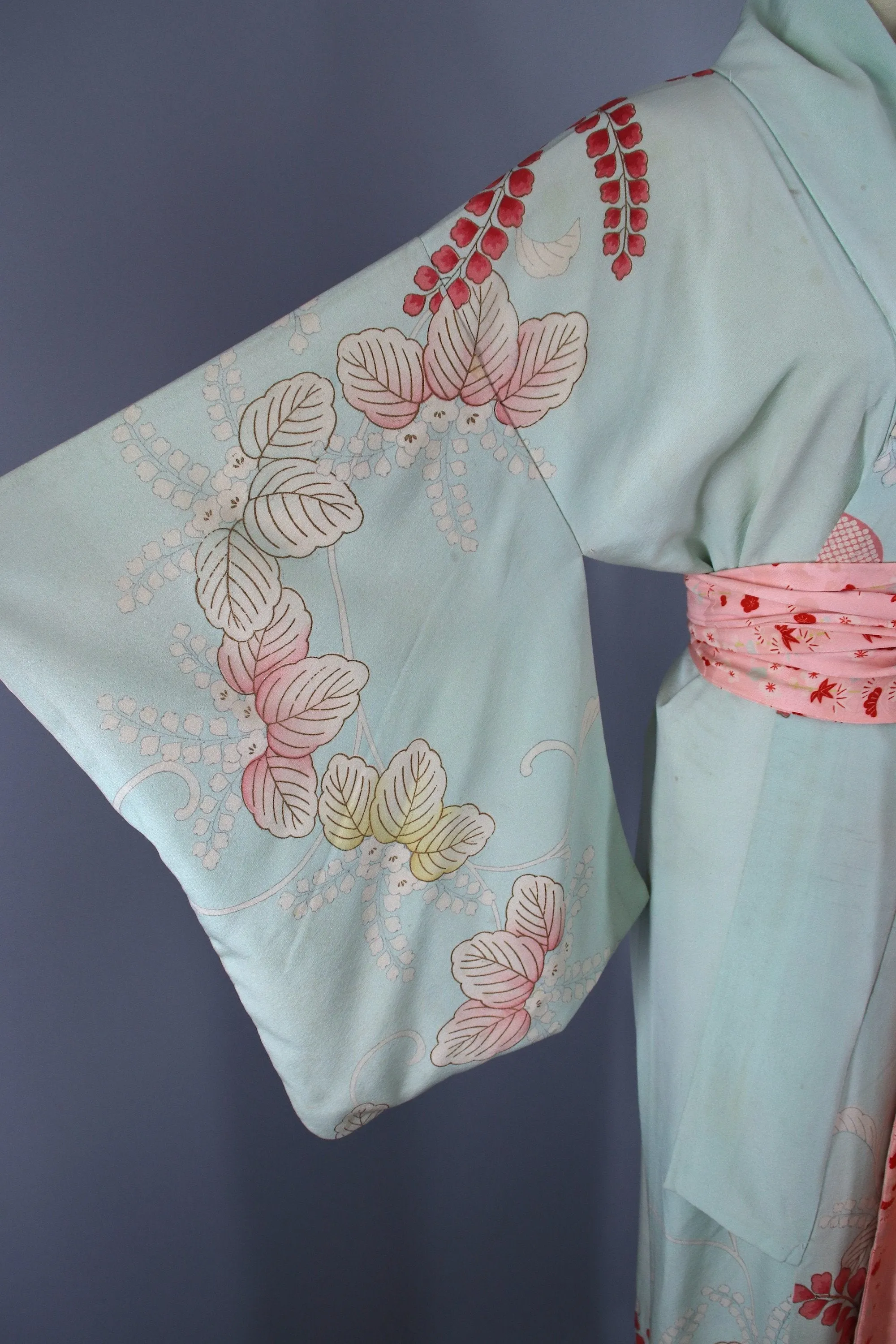 1950s Vintage Silk Kimono Robe / Aqua Blue Pink Floral