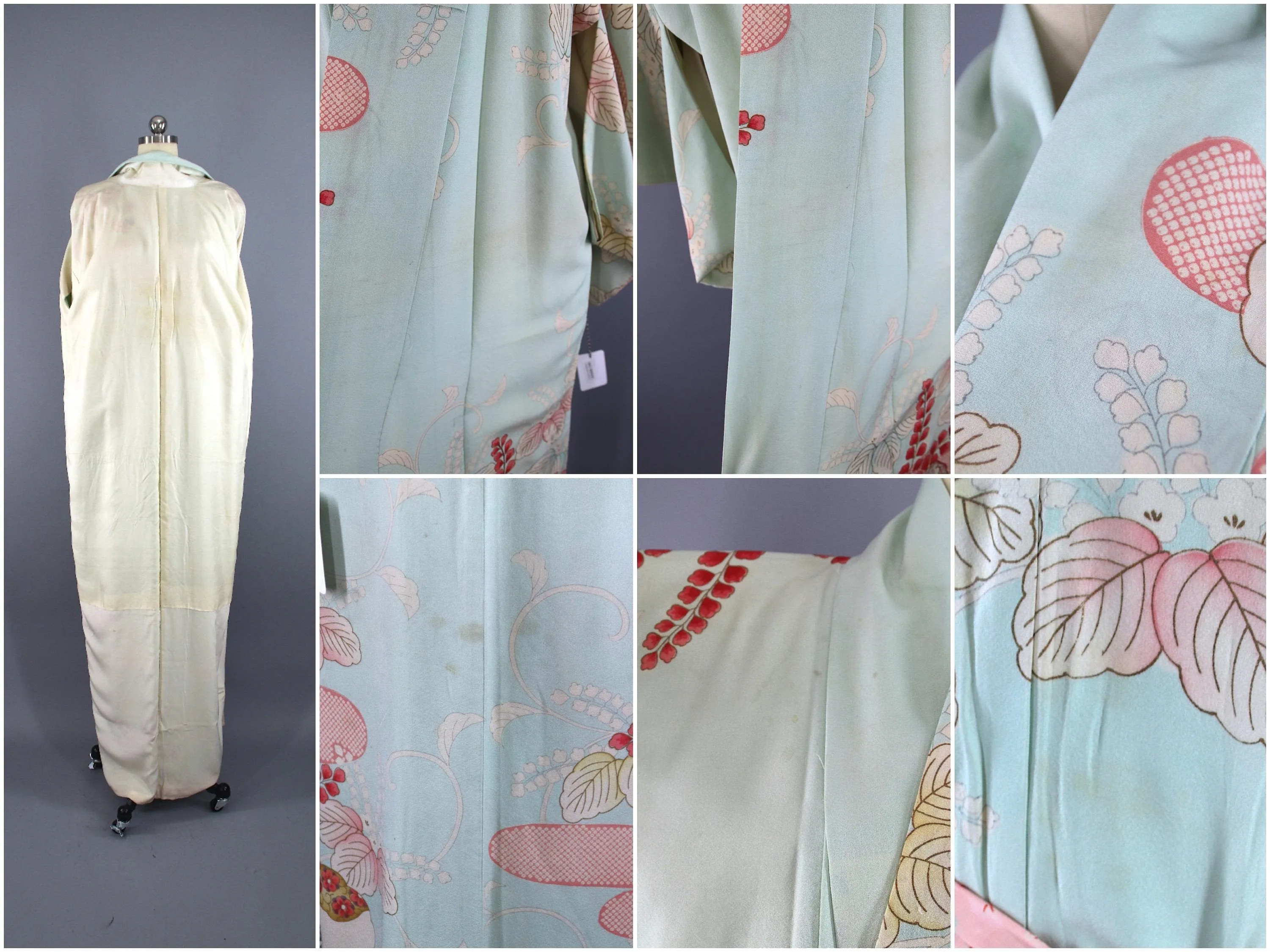 1950s Vintage Silk Kimono Robe / Aqua Blue Pink Floral