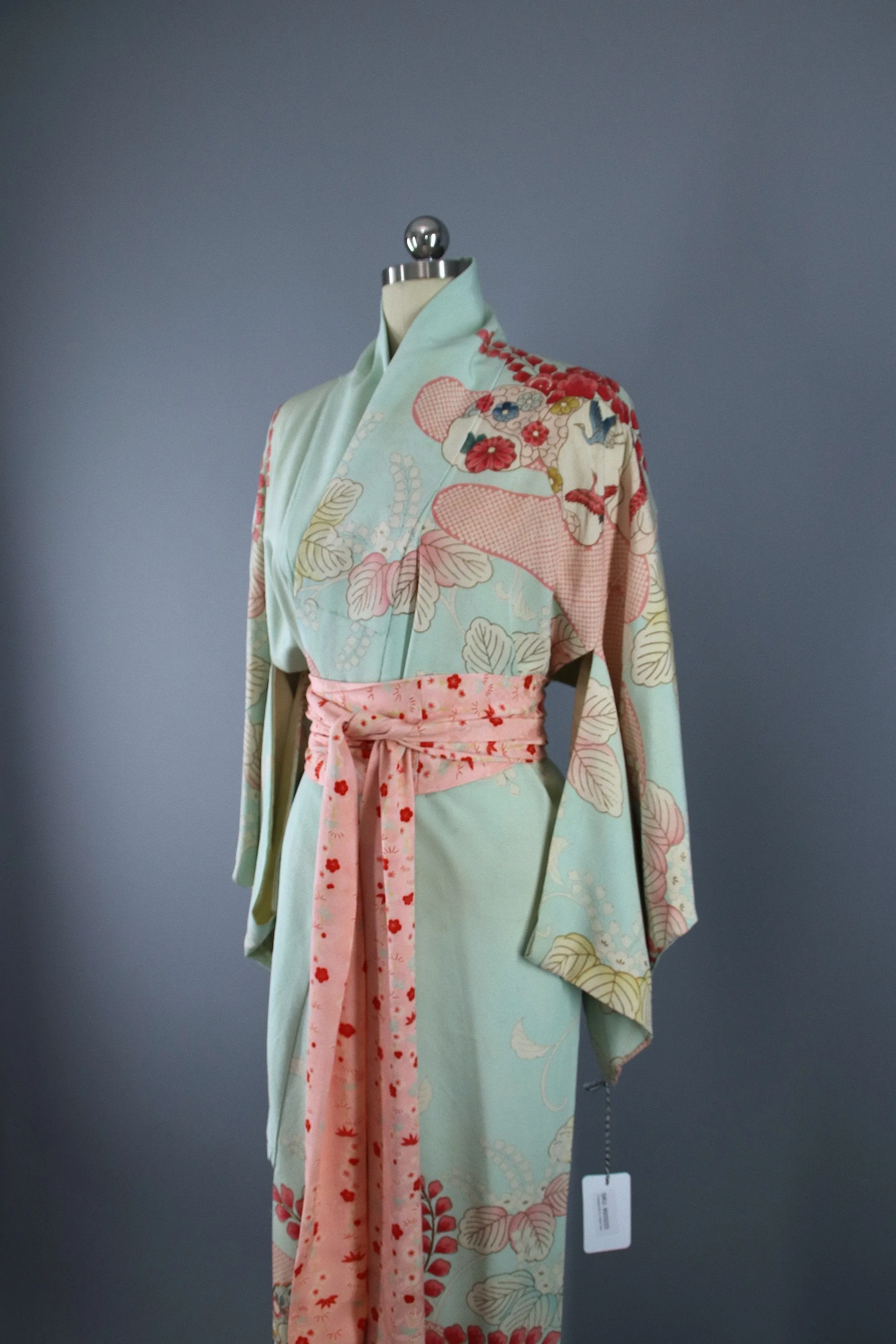 1950s Vintage Silk Kimono Robe / Aqua Blue Pink Floral