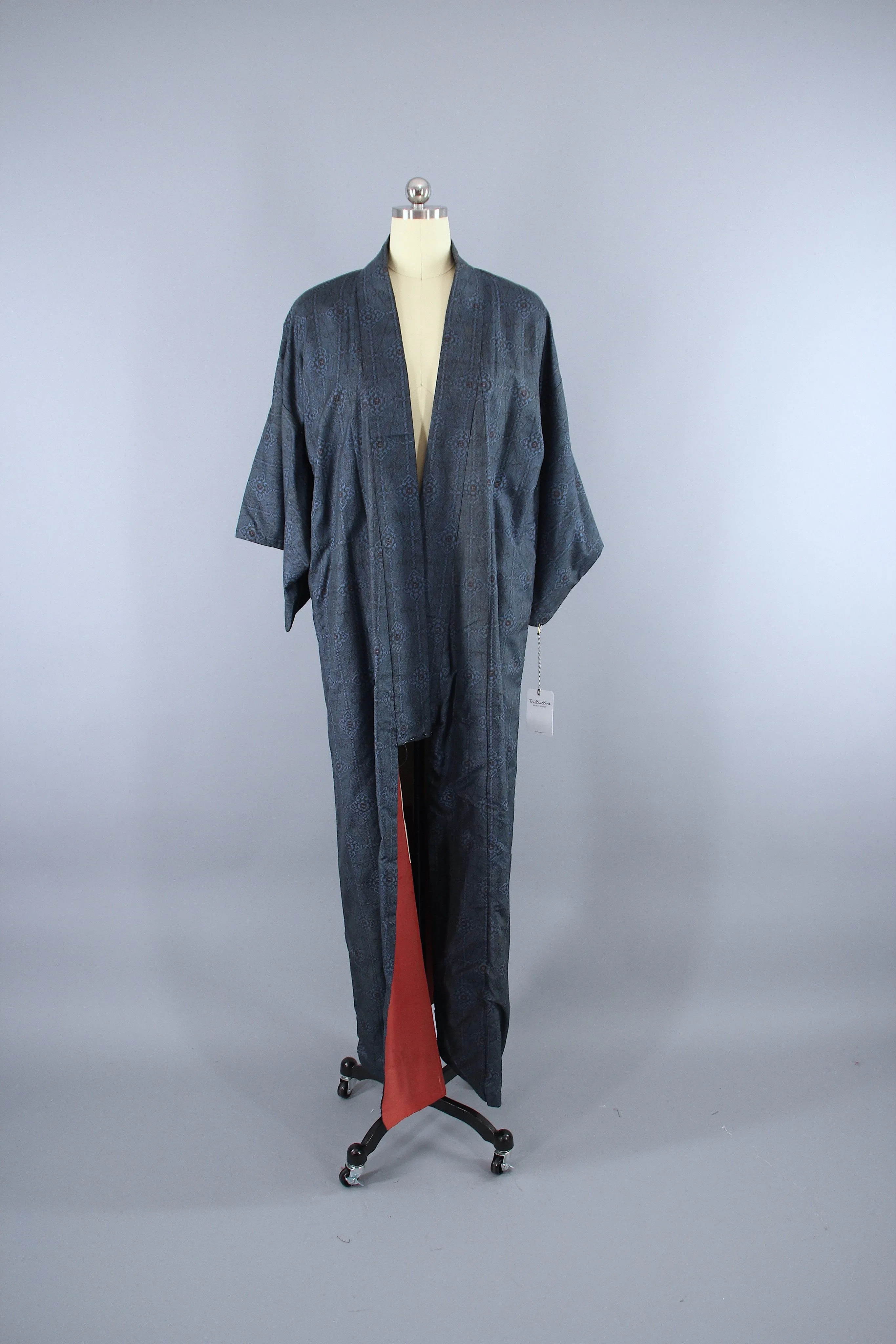 1950s Vintage Silk Kimono Robe / Blue & Black Ikat