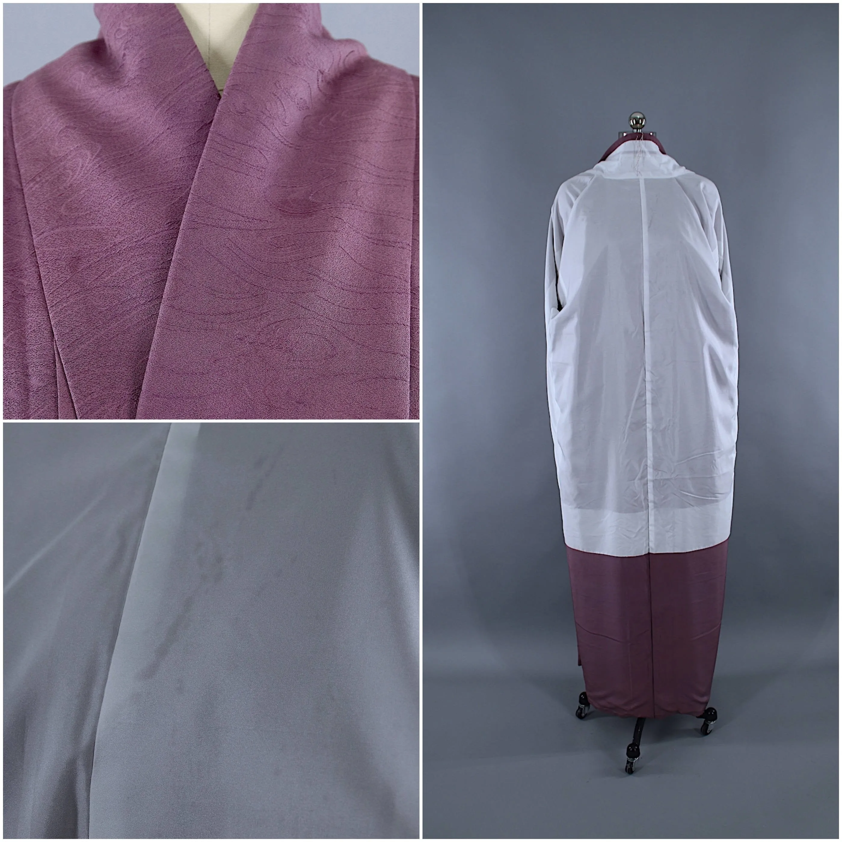 1950s Vintage Silk Kimono Robe / Dark Purple Waves