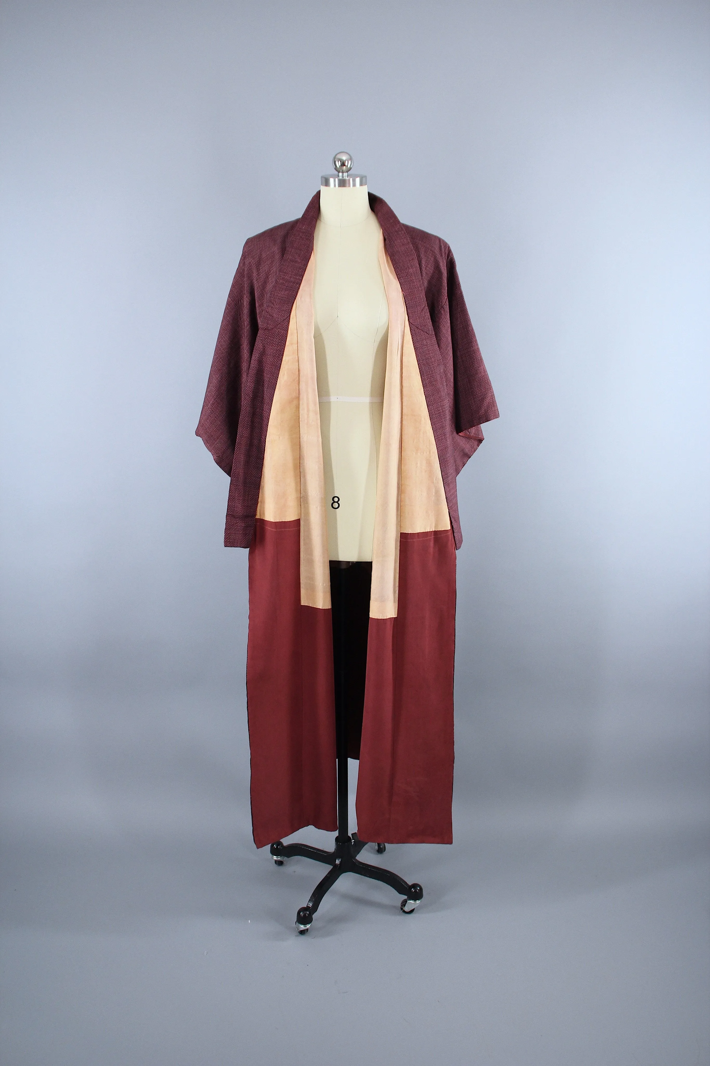 1950s Vintage Silk Kimono Robe / Dark Red & White