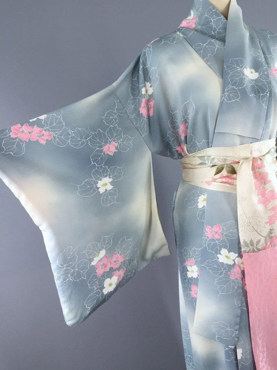 1950s Vintage Silk Kimono Robe / Dove Grey & Pink Floral Print