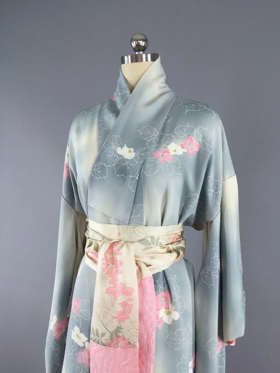 1950s Vintage Silk Kimono Robe / Dove Grey & Pink Floral Print