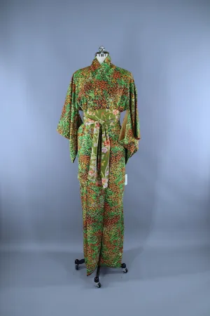 1950s Vintage Silk Kimono Robe / Green Floral Print