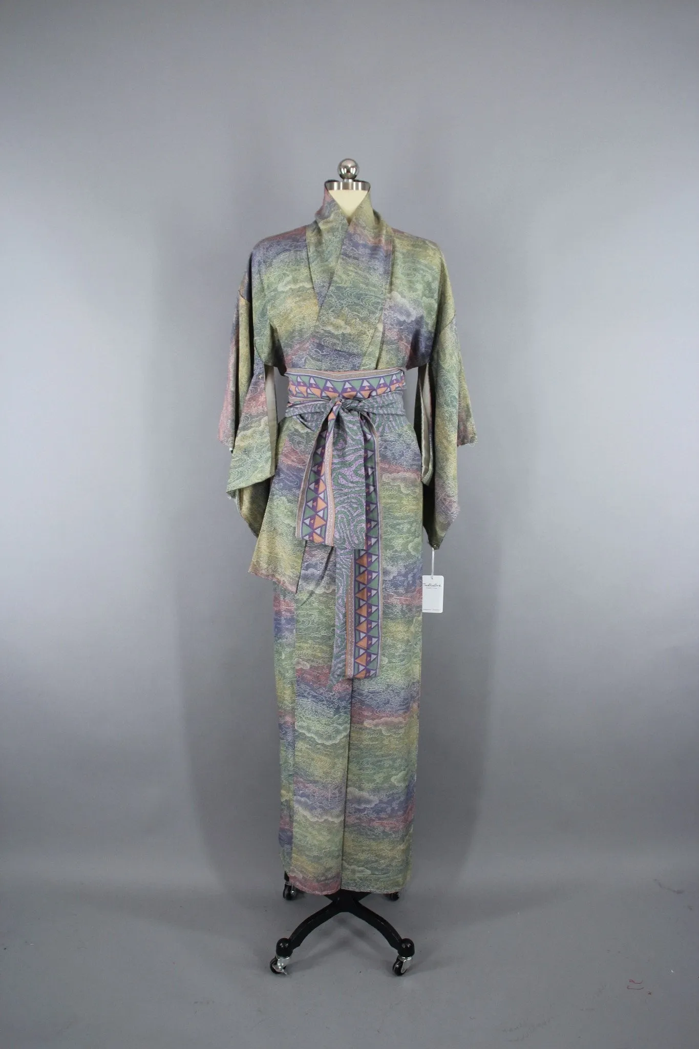 1950s Vintage Silk Kimono Robe / Green Purple Ombre