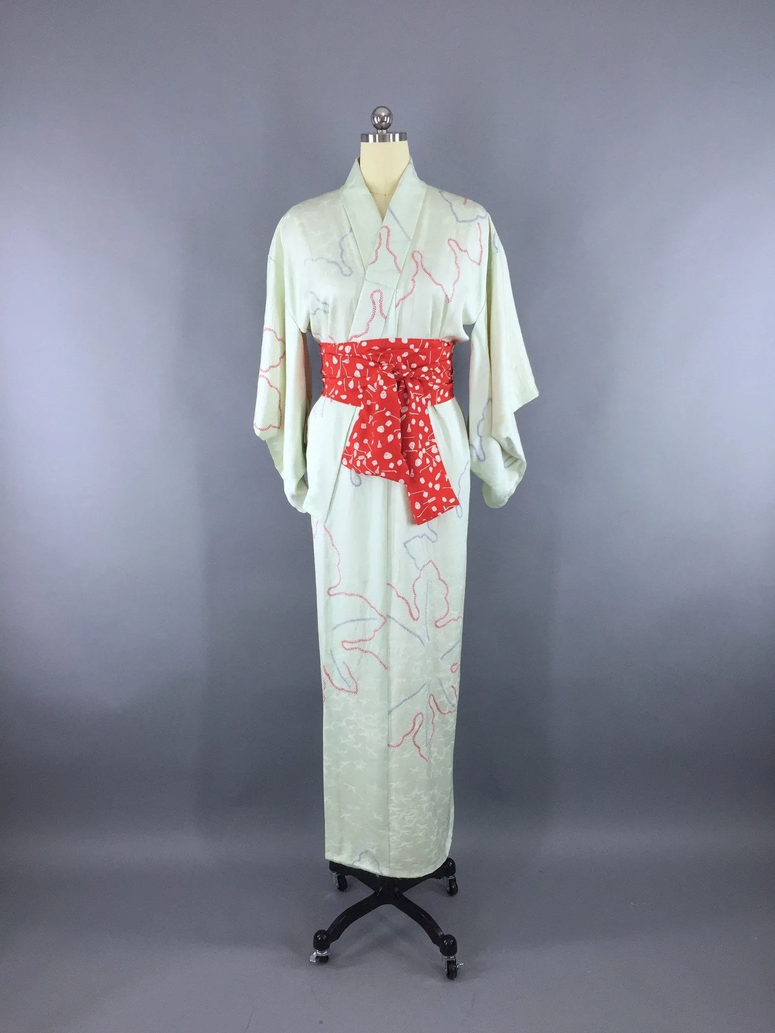 1950s Vintage Silk Kimono Robe in Light Aqua Blue Shibori