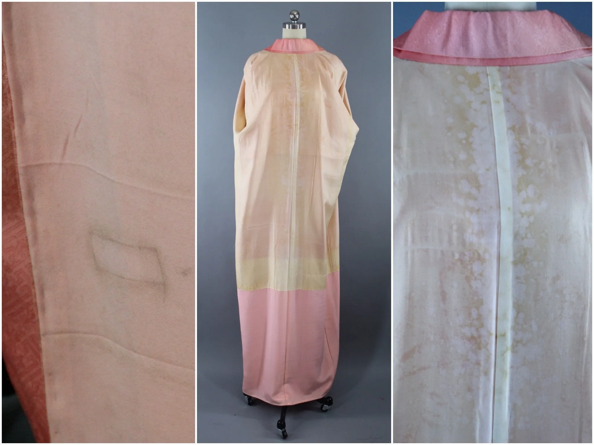 1950s Vintage Silk Kimono Robe in Peach Pink Ombre Damask