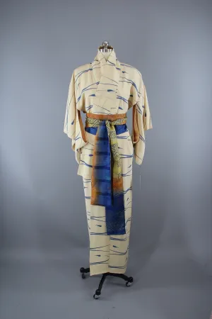 1950s Vintage Silk Kimono Robe / Ivory & Blue Ivy Leaves