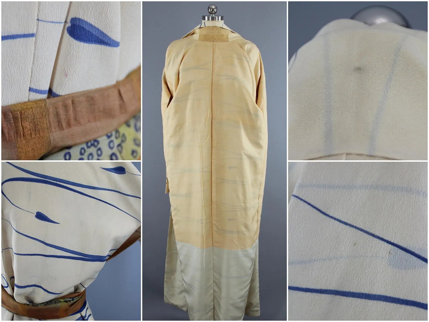 1950s Vintage Silk Kimono Robe / Ivory & Blue Ivy Leaves