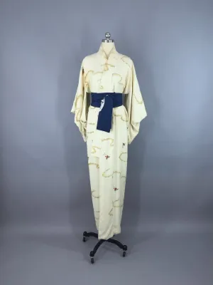 1950s Vintage Silk Kimono Robe / Ivory & Gold Clouds Novelty Print