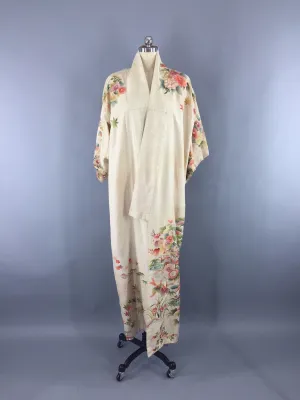 1950s Vintage Silk Kimono Robe / Ivory Floral Print