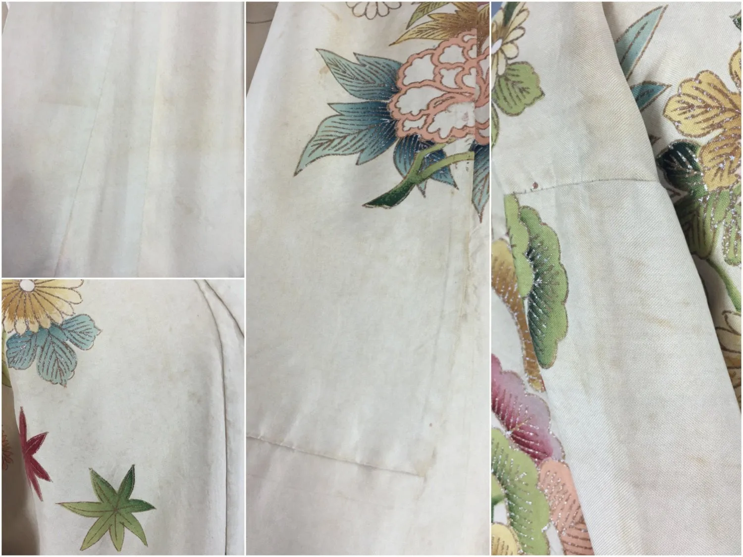 1950s Vintage Silk Kimono Robe / Ivory Floral Print