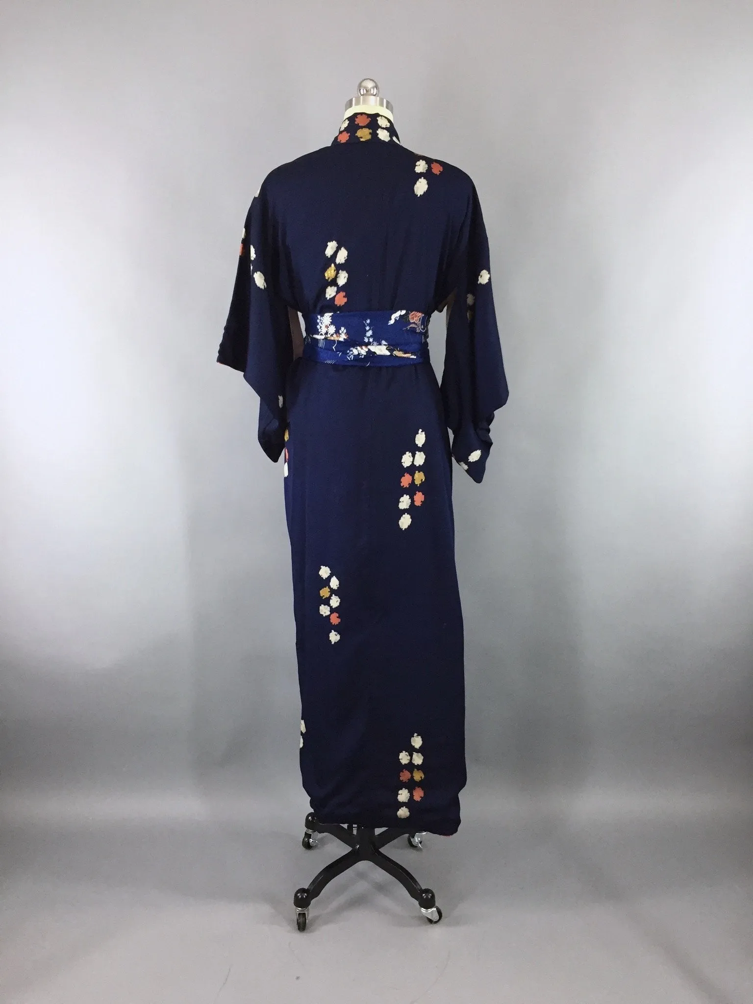 1950s Vintage Silk Kimono Robe / Navy Blue Metallic