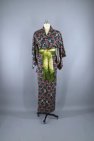 1950s Vintage Silk Kimono Robe / Navy BlueFloral