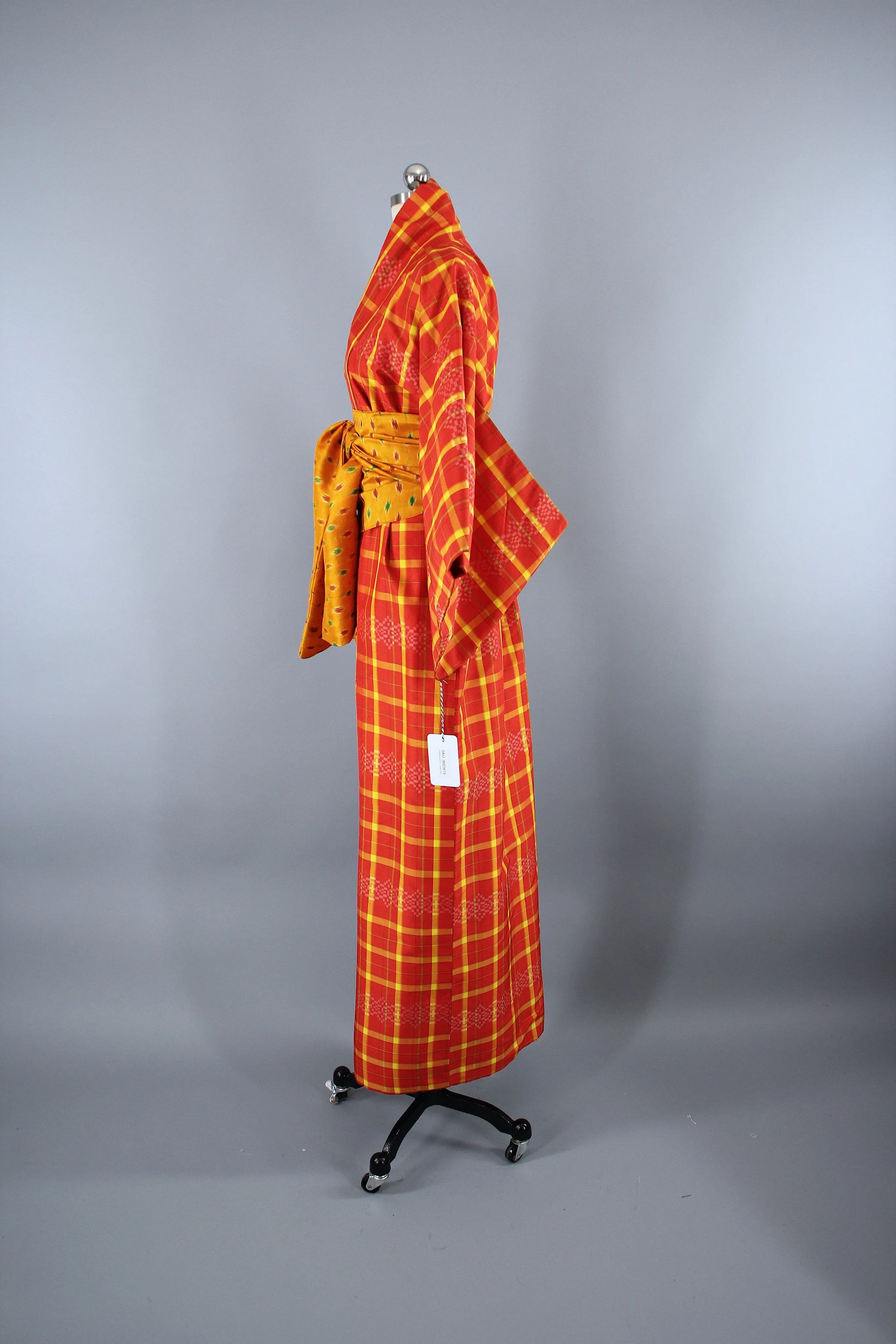 1950s Vintage Silk Kimono Robe / Orange & Yellow Plaid